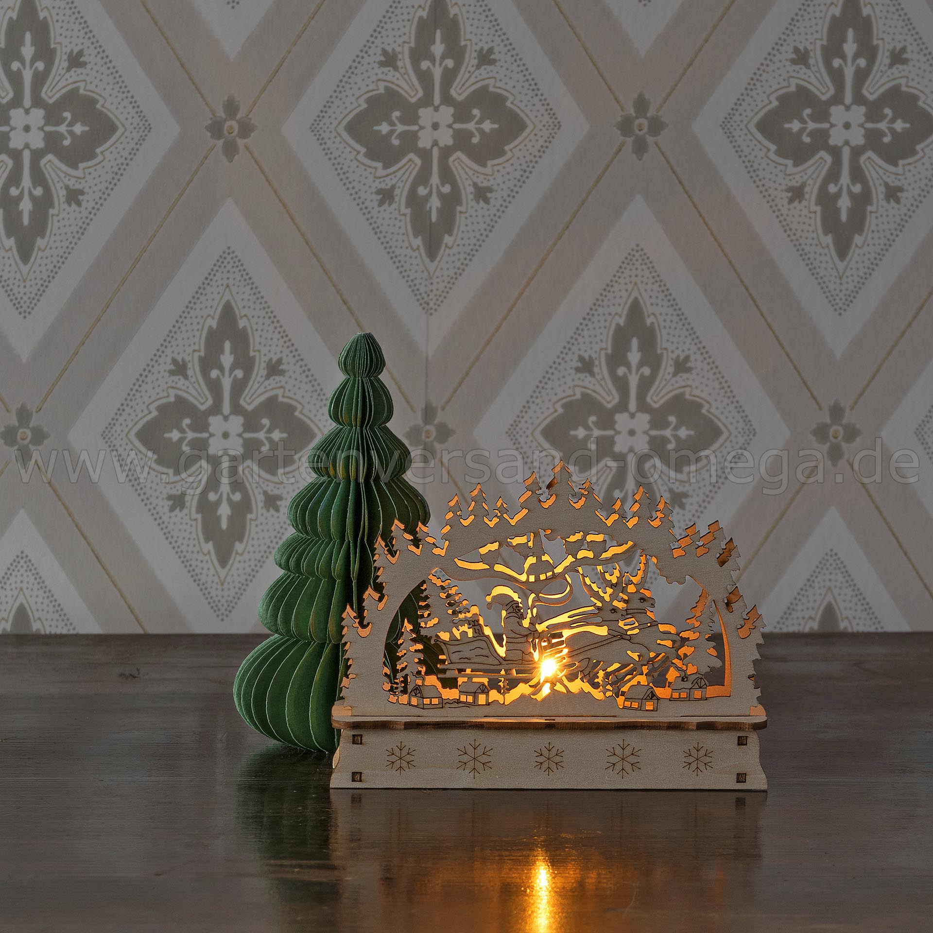 LED Holzsilhouette Weihnachtsmann im Schlitten - Weihnachtsdekoration aus Holz beleuchtet