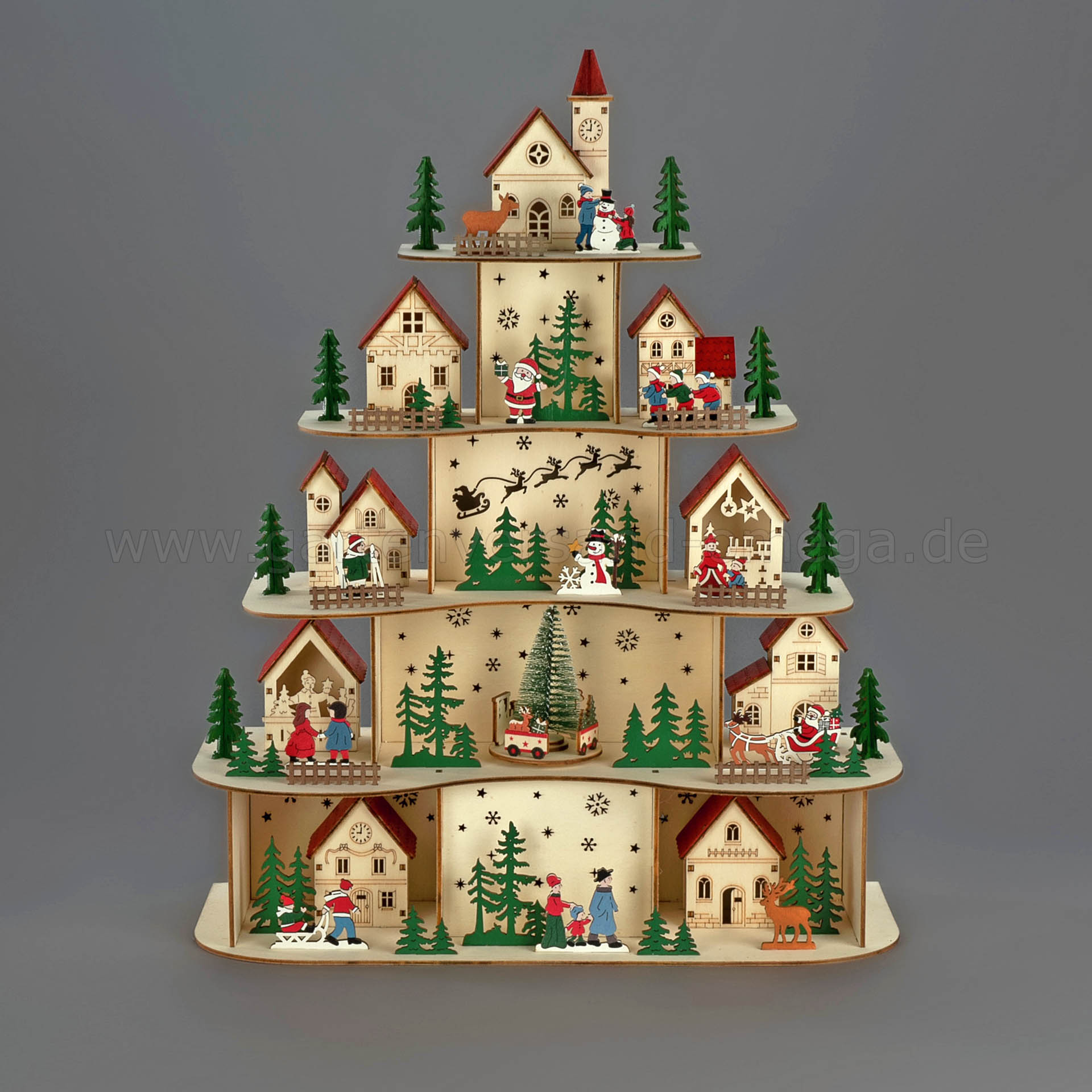 LED-Holzsilhouette Weihnachtsdorf 5 Ebenen - Schwibbogen mehrstöckig Holz