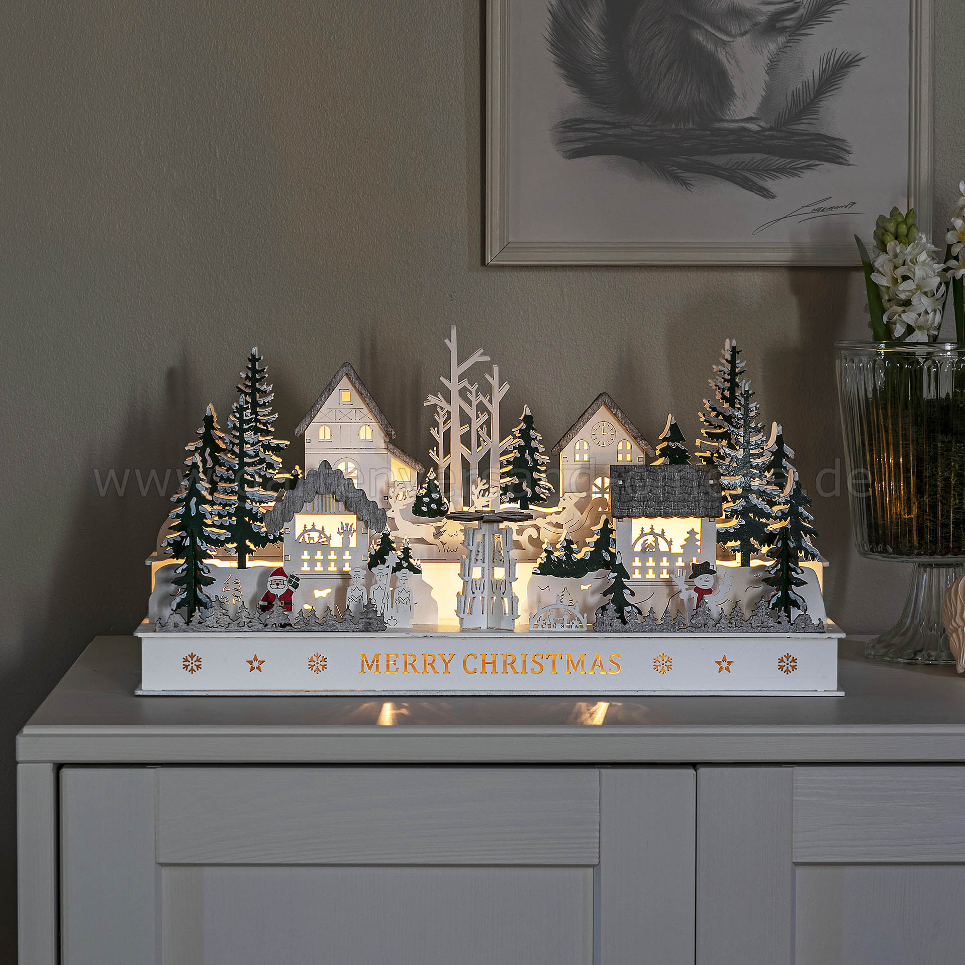 MIJOMA LED Holzsilhouette Weihnachten – Warmweiße Beleuchtung, Batteriebetrieben – Kirche Oder Weihnachtsmann – Ca. 11x15 Cm – Festliche Holzdeko