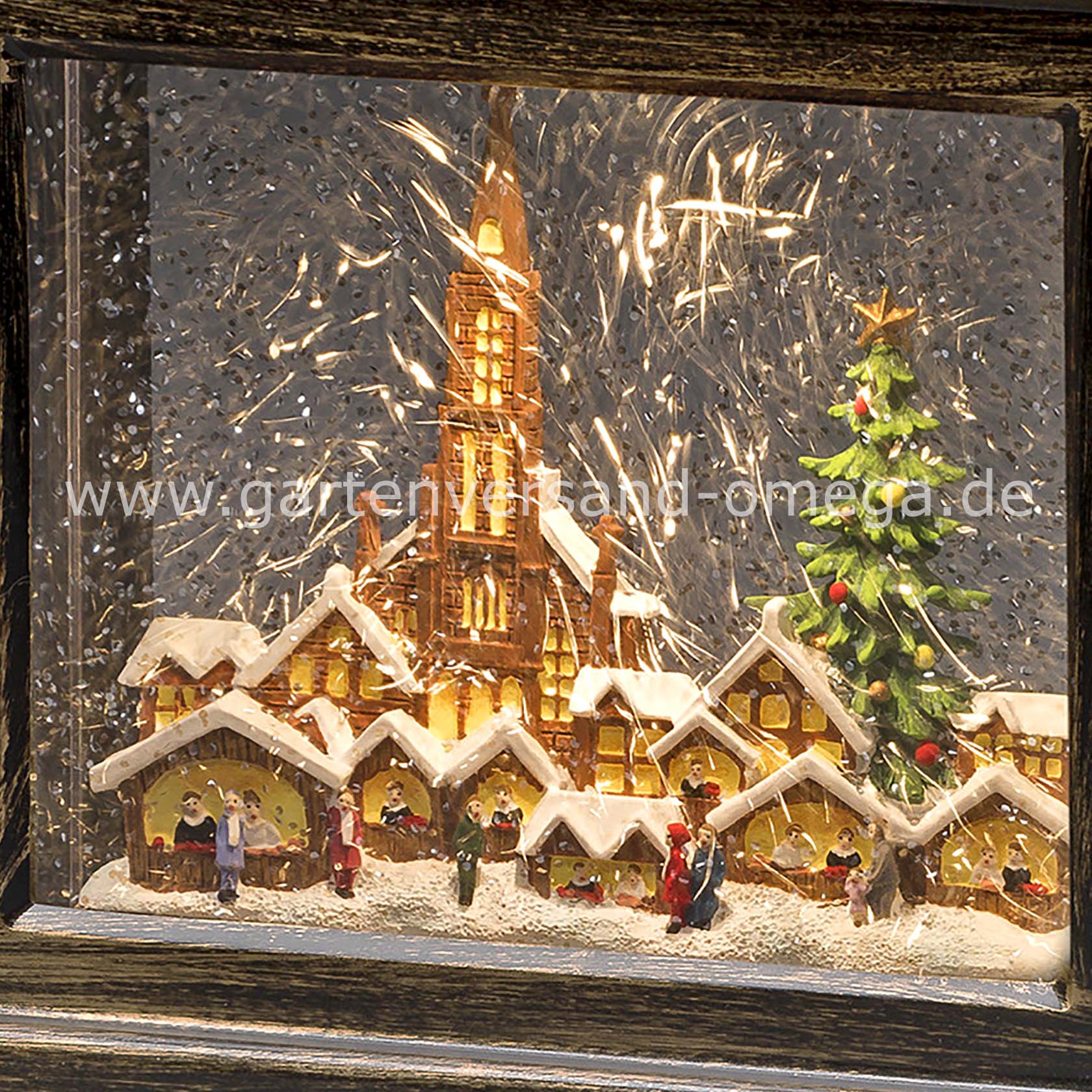 LED Schneelaterne Kirche und Weihnachtsmarkt