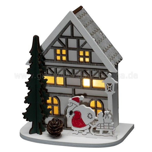 LED Holzsilhouette Haus mit Baum und Weihnachtsmann